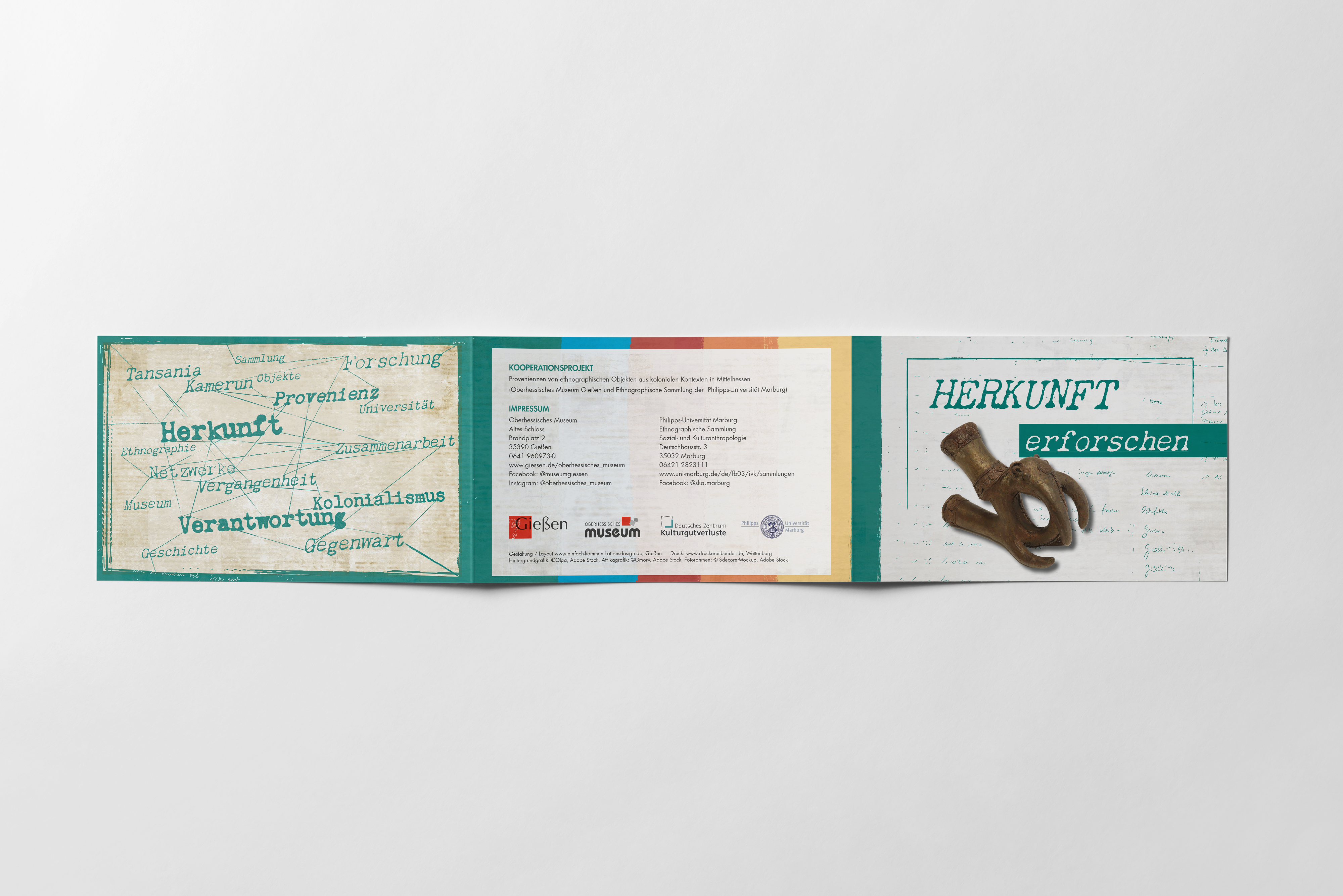 ProjektfaltbroscHerkunft - Provenienzforschung Oberhessisches Museumhüre und Plakat "Herkunft - Einblicke in die Provenienzforschung" des Oberhessischen Museums
